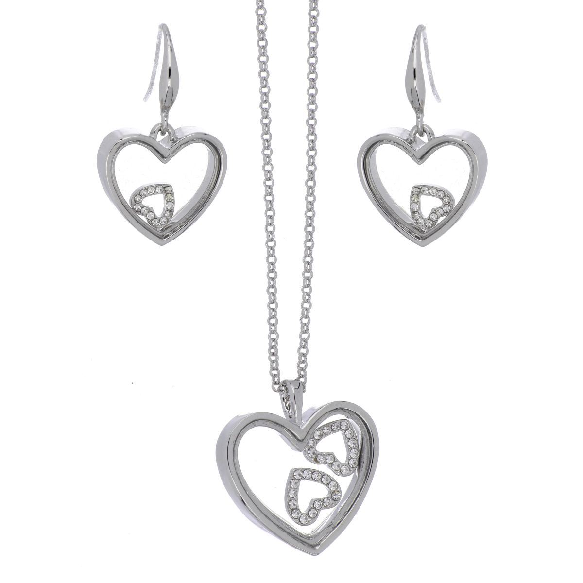 Juego Aretes, Dije y Cadena Corazón con Cristales Blancos Acabado en Rodio Coco Cherie
