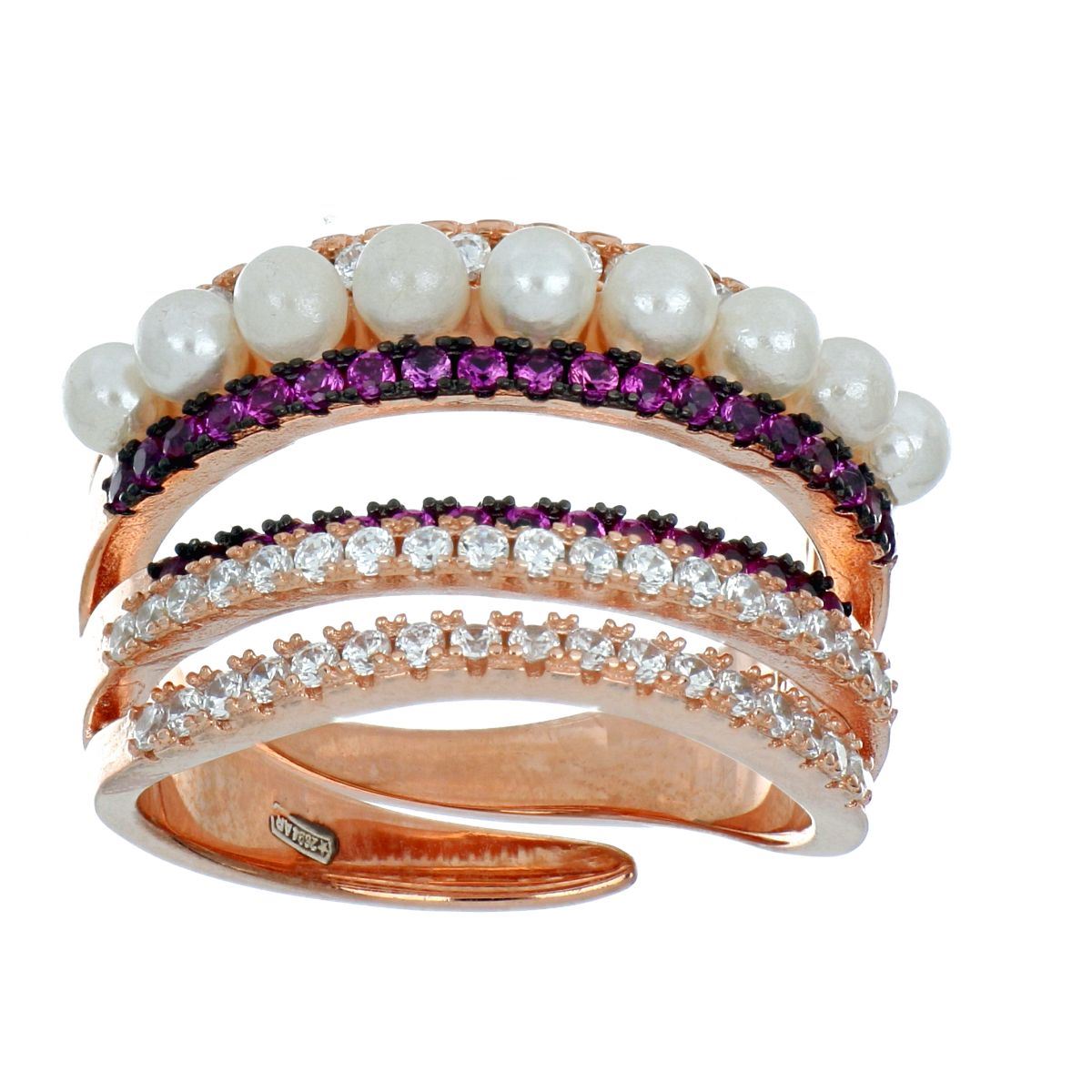 Anillo Circonita Ruby y Perla Blanca Chapado Oro Farfalla Bonetti