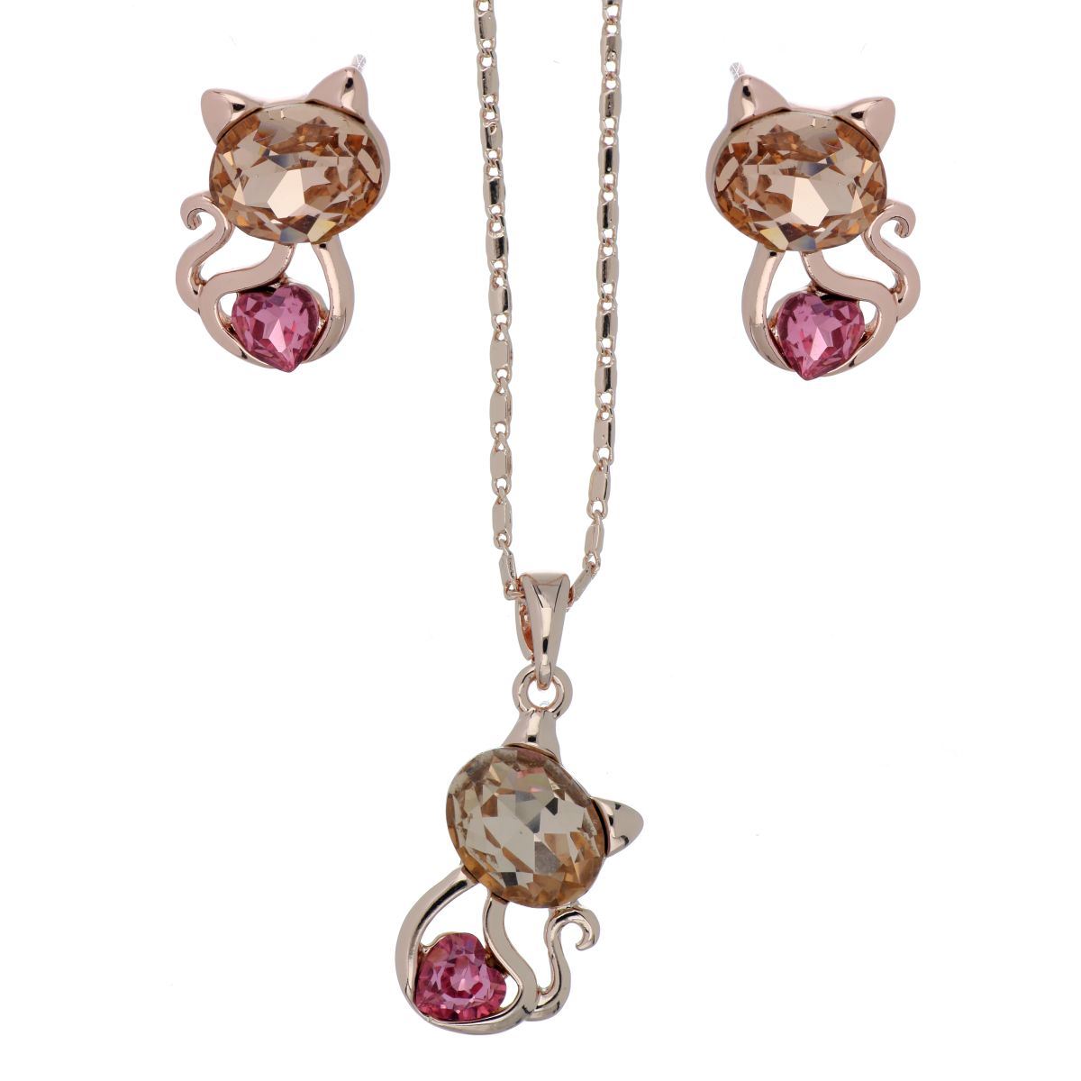 Juego Aretes+Dije+Cadena Gatito Piedra Lt.Peach y Rose Chapado Oro Rosa Camilla