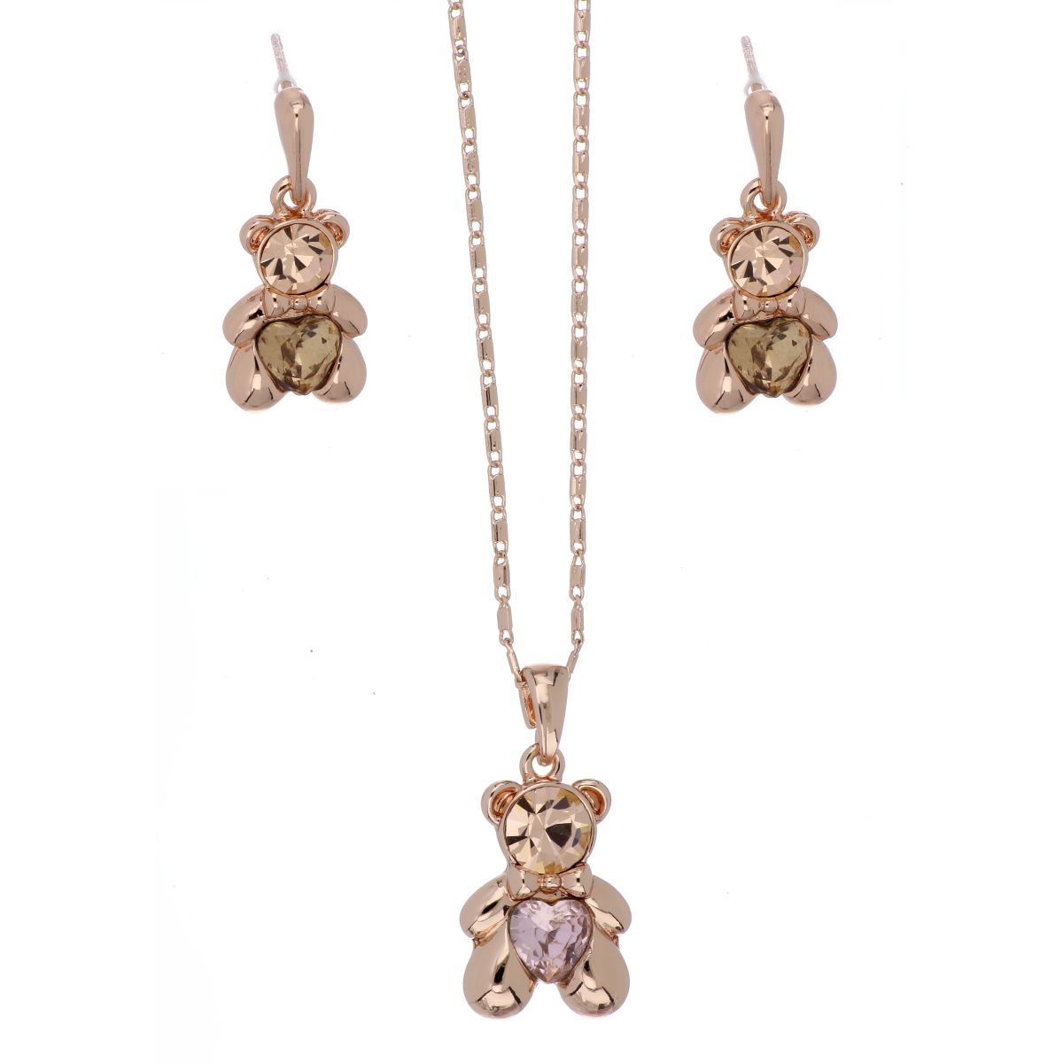 Juego Aretes+Dije+Cadena Osito Piedra Light Peach Chapado Oro Rosa Camilla