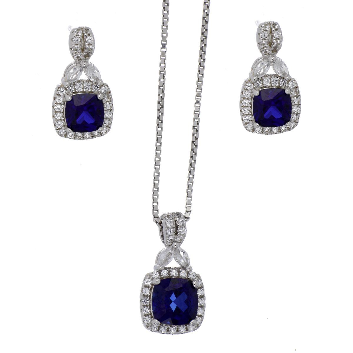 Set Aretes+Dije+Cadena Plata .925 Circonita Sapphire Acabado en Rodio Farfalla Bonetti Plata 925