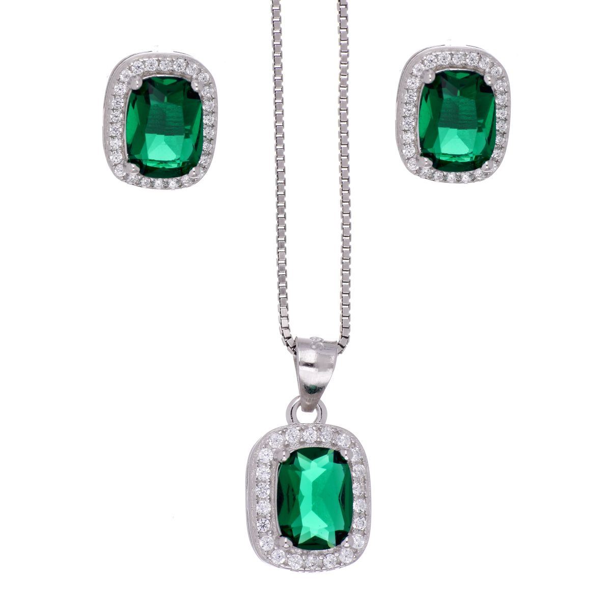Set Aretes+Dije+Cadena Plata .925 Circonita Esmeralda Acabado en Rodio Farfalla Bonetti Plata 925