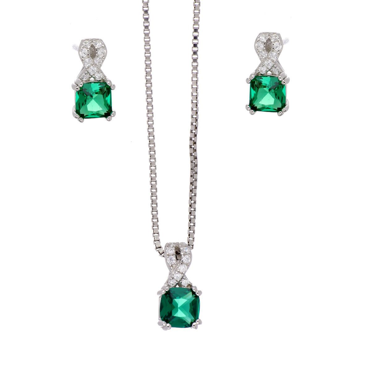 Set Aretes+Dije+Cadena Plata .925 Circonita Esmeralda Acabado en Rodio Farfalla Bonetti Plata 925