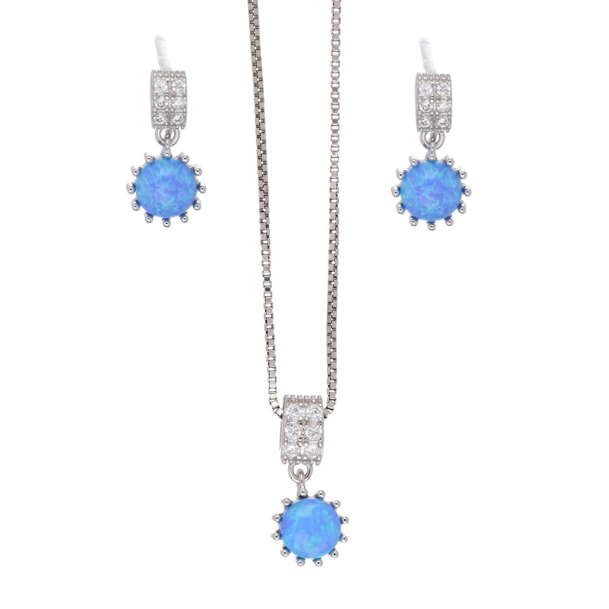Set Aretes+Dije+Cadena Plata .925 Piedra Azul Opal Acabado en Rodio Farfalla Bonetti Plata 925