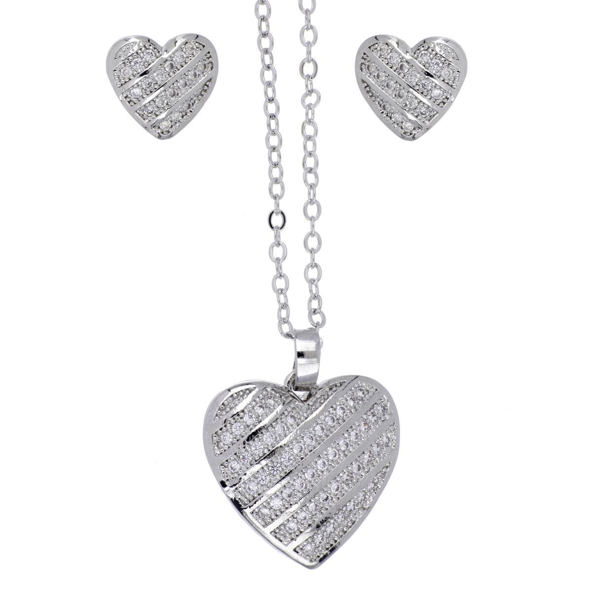 Set Aretes+Dije+Cadena Corazón Circonita Blanca Acabado en Rodio Farfalla Bonetti