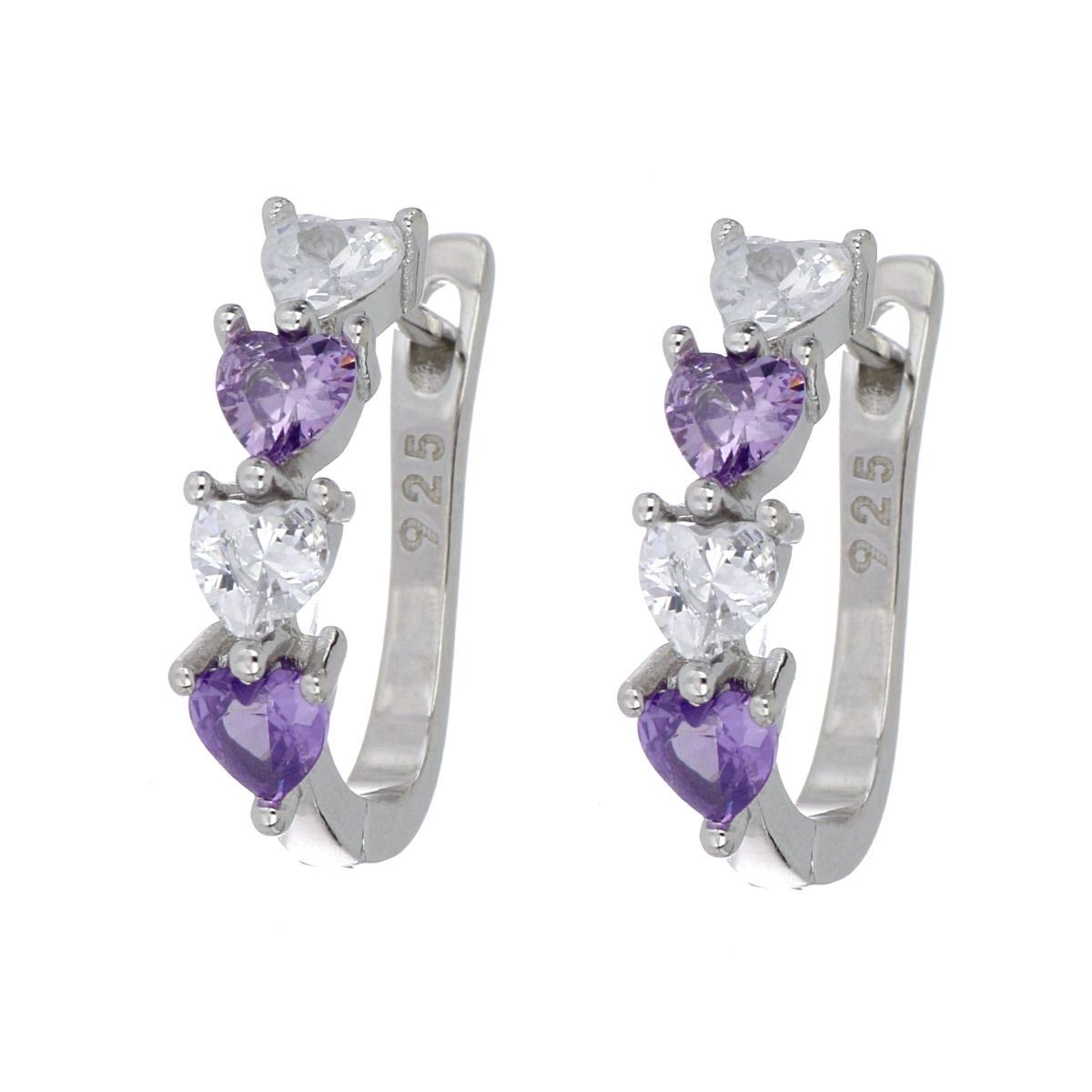 Aretes Plata .925 Circonita Corazón Amatista y Blanca Acabado Rodio Farfalla Bonetti Plata .925