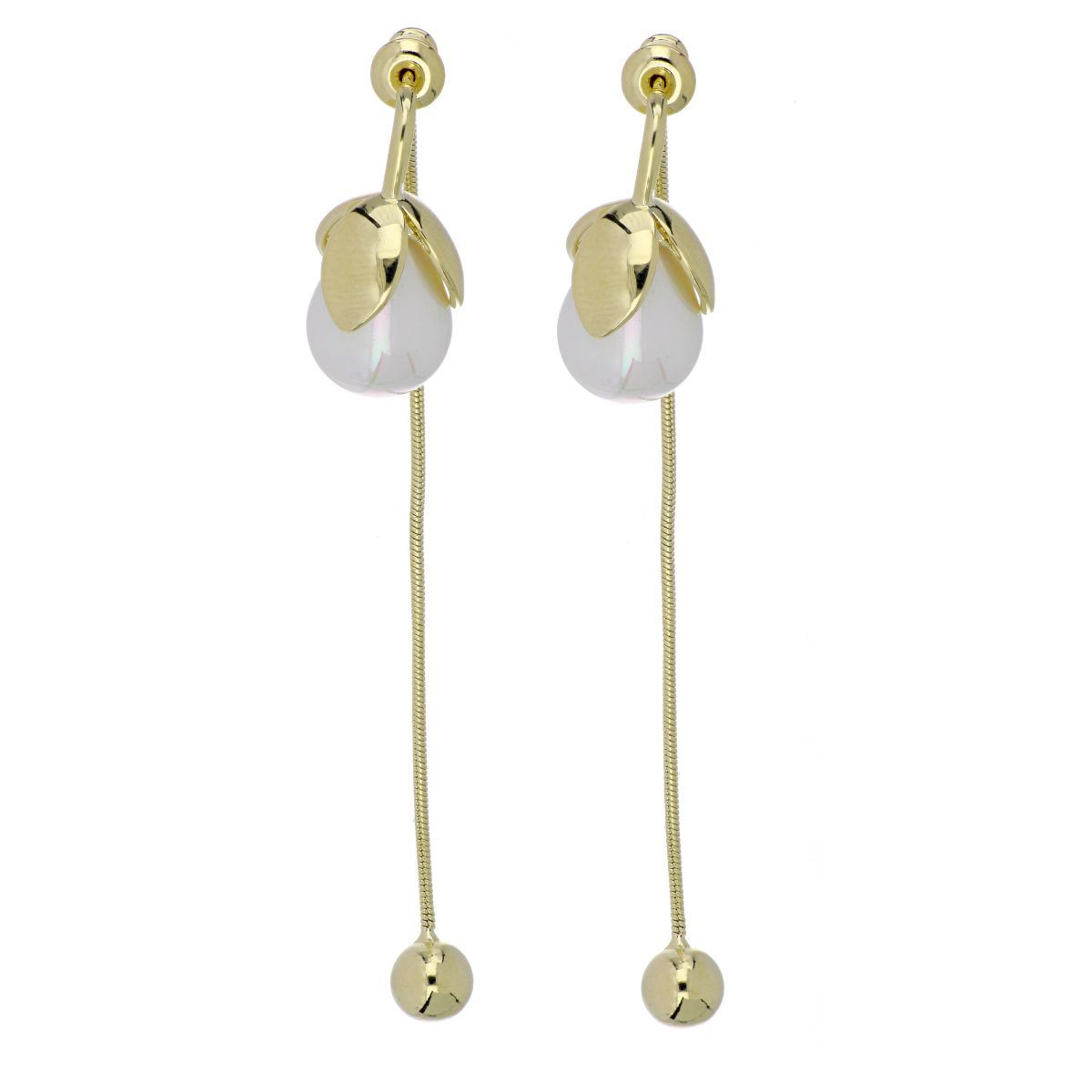 Aretes Largos Perla Blanca Chapado Oro Korei