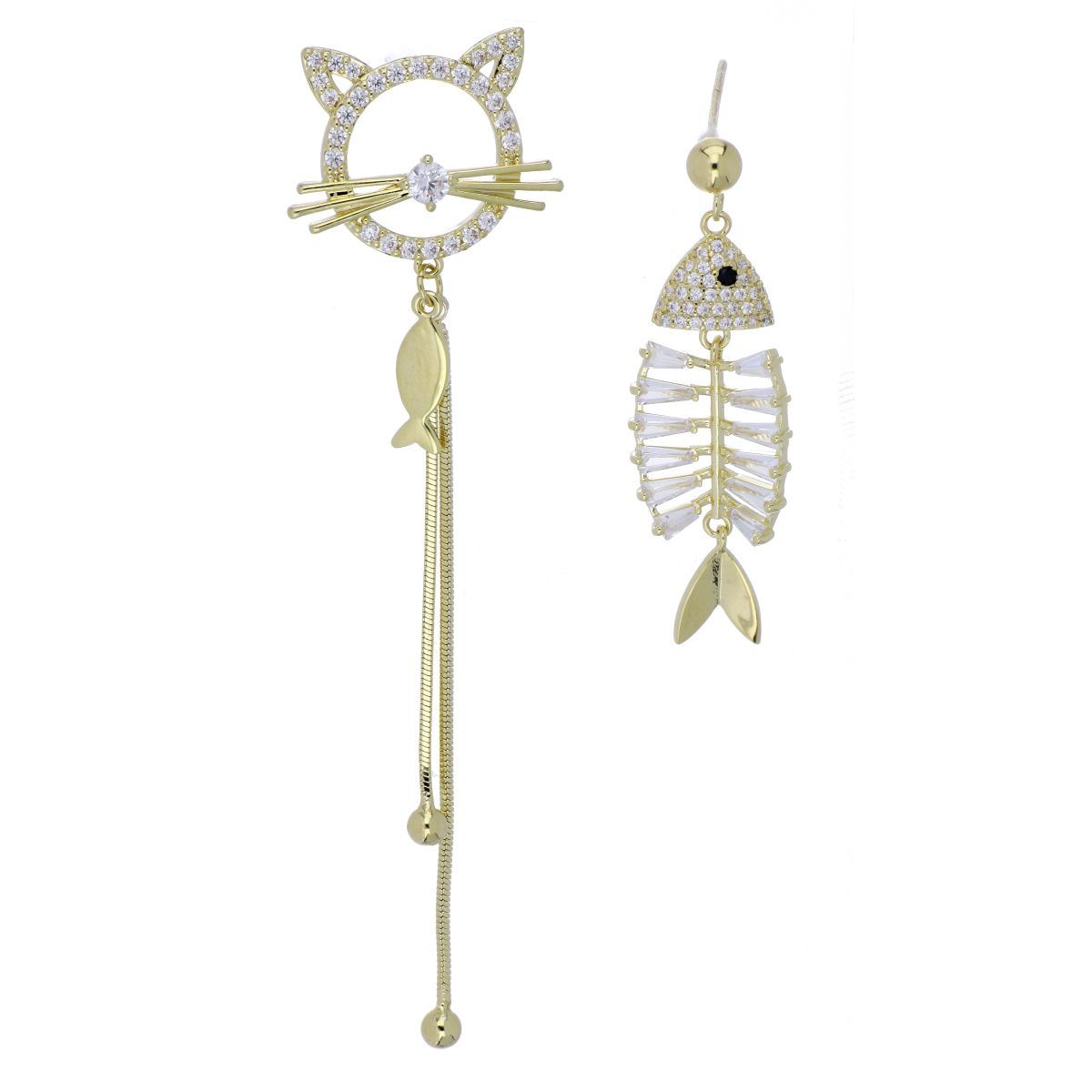 Aretes Diferentes Gatito y Pescado Chapado Oro Korei