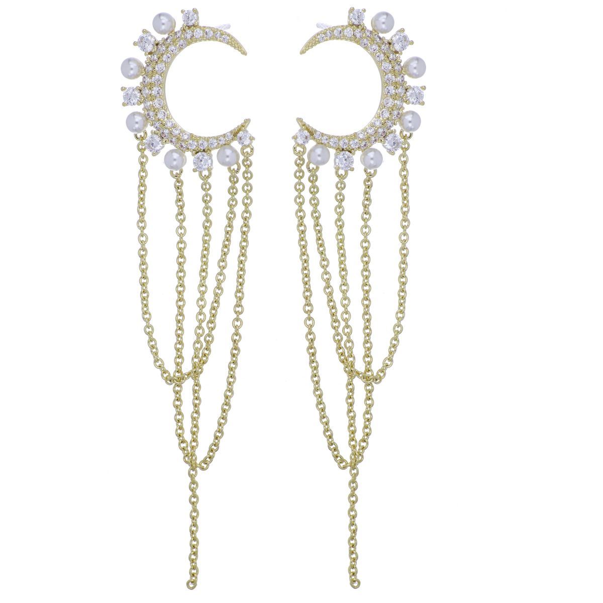 Aretes Largos Media Luna Perlas Blancas Chapado Oro Korei