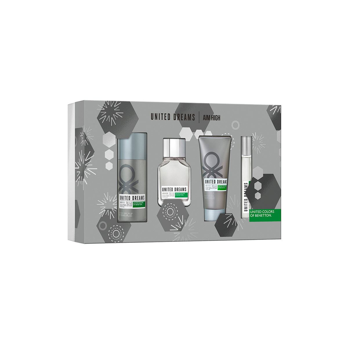 Set para caballero, Benetton, United Dreams Aim High, EDT 100 ML + DESODORANTE 150 ML + AFTER SHAVE 75 ML + TRAVEL SPRAY 10 ML