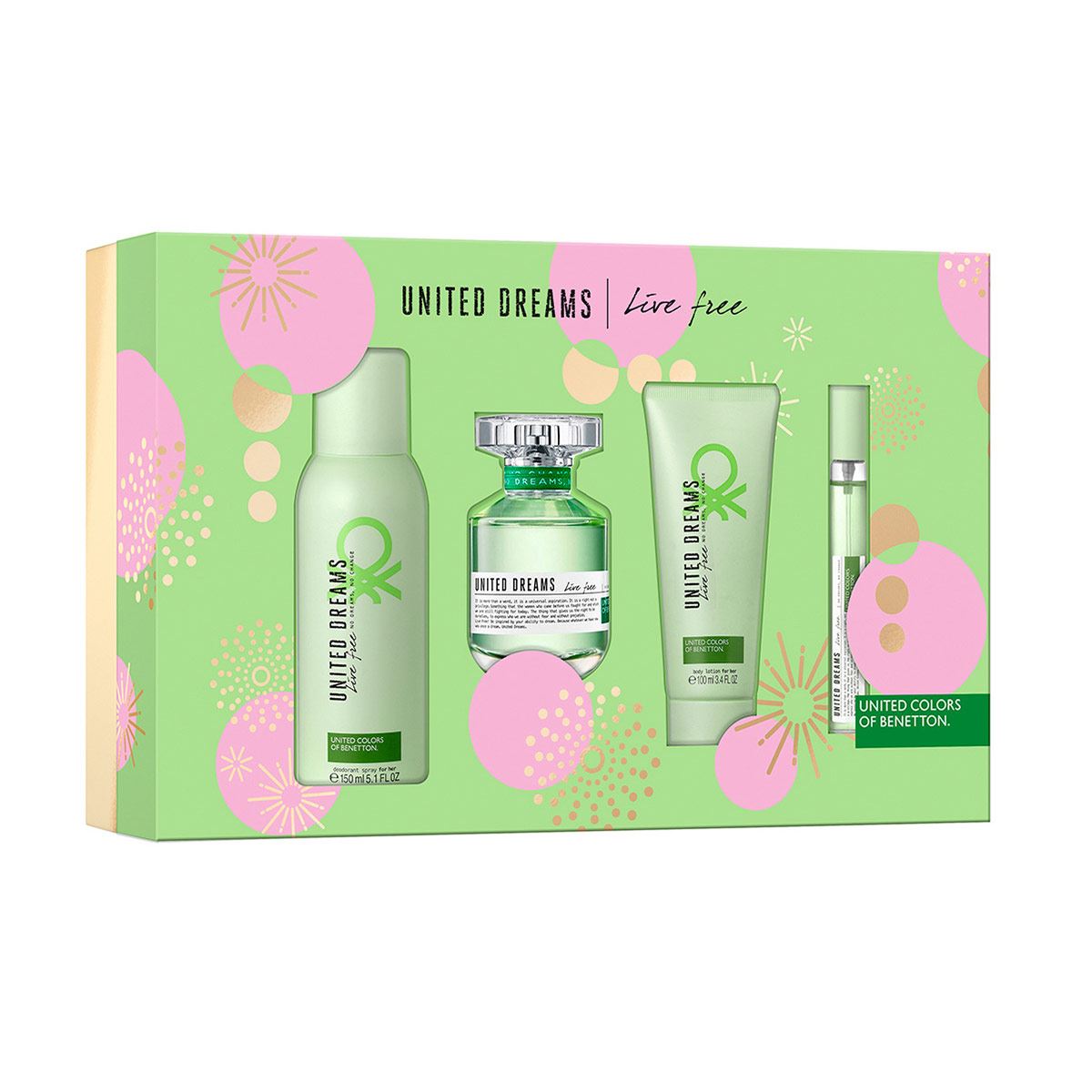 Set para dama, Benetton, United Dreams Live Free, EDT 80 ml + Desodorante 150 ml + Body Lotion 75 ml + Travel Spray 10 ml