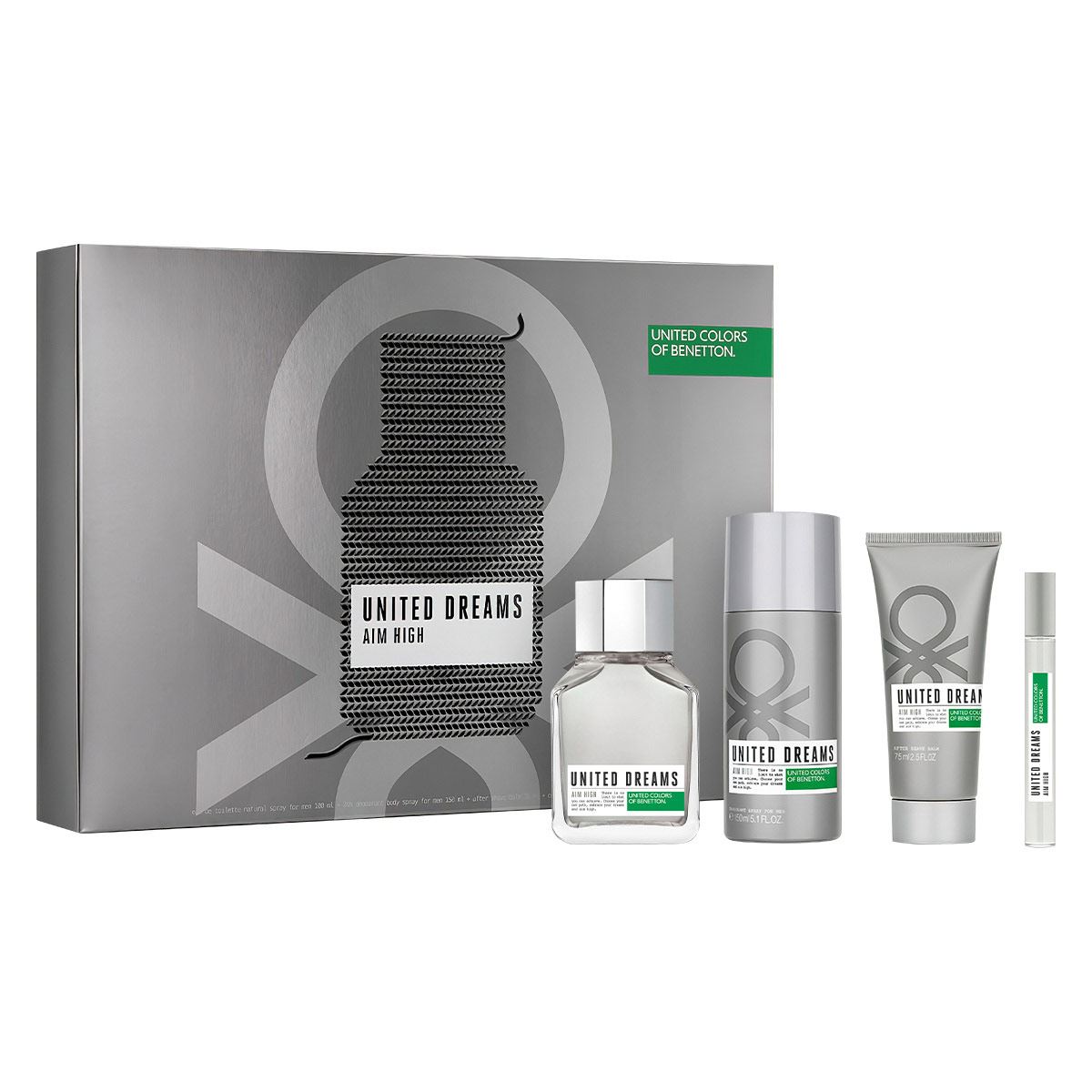 Benetton United Dreams Aim High Set para Caballero Fragancia EDT 100ml + Desodorante 150ml + After Shave 75ml + Vial 10ml