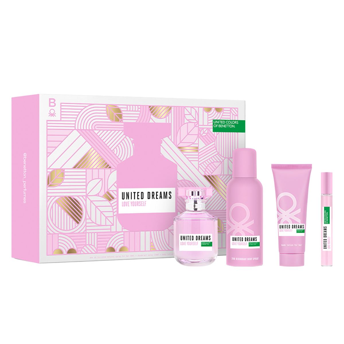 Set para Mujer Benetton United Dreams Love Yourself EDT 80ml + Desodorante 150ml + Body Lotion 75ml + EDT 10ml