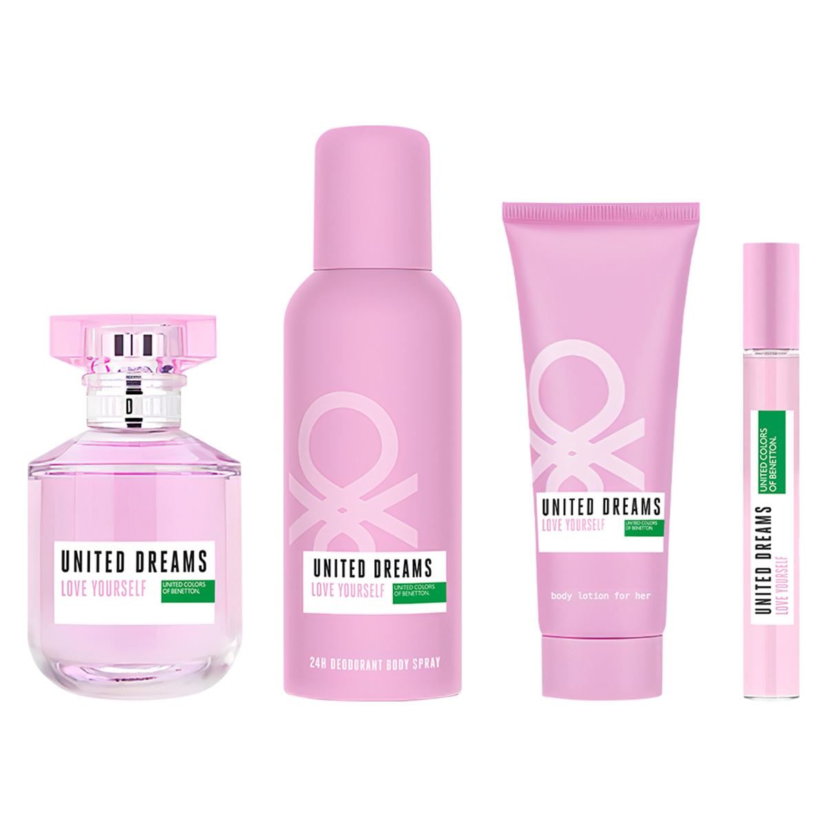 Set para Mujer Benetton United Dreams Love Yourself EDT 80ml + Desodorante 150ml + Body Lotion 75ml + EDT 10ml