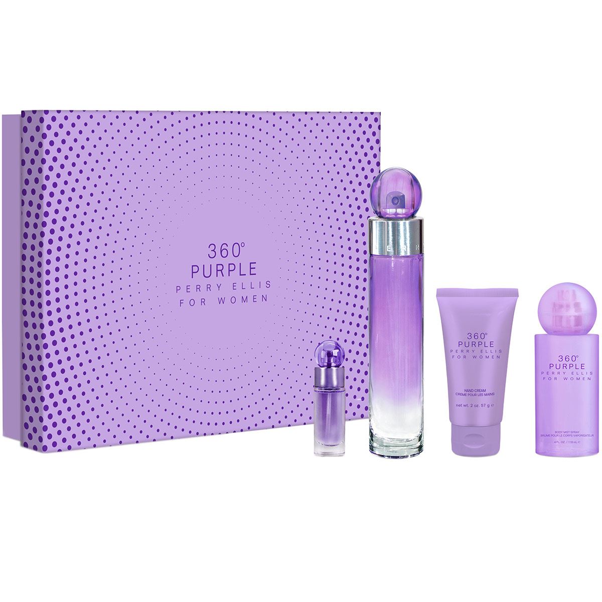 Fragancia Para Dama Set 360º Purple Perry Ellis 100 ML de 4 piezas