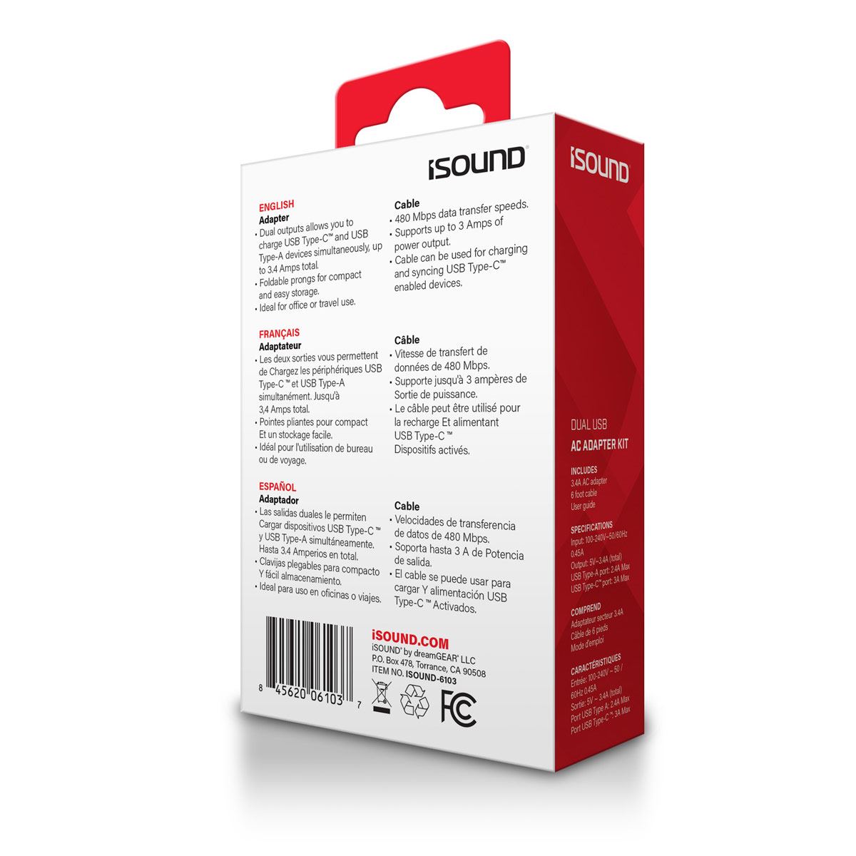 Cargador de pared doble puerto USB + cable USB Type-C