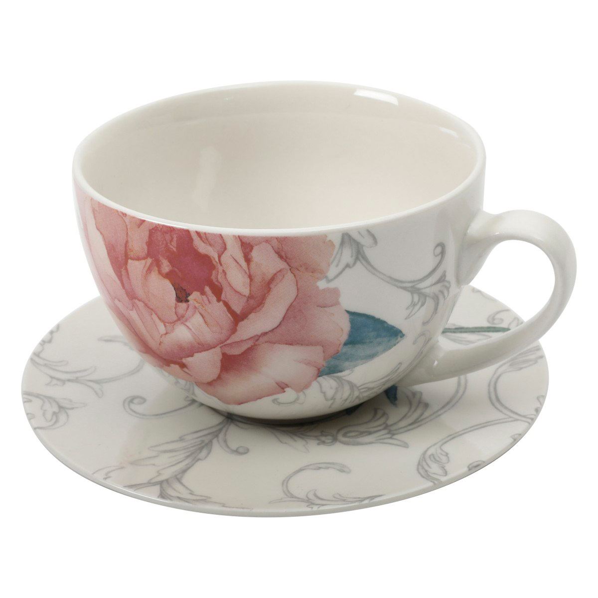 Taza y plato de cerámica decorados