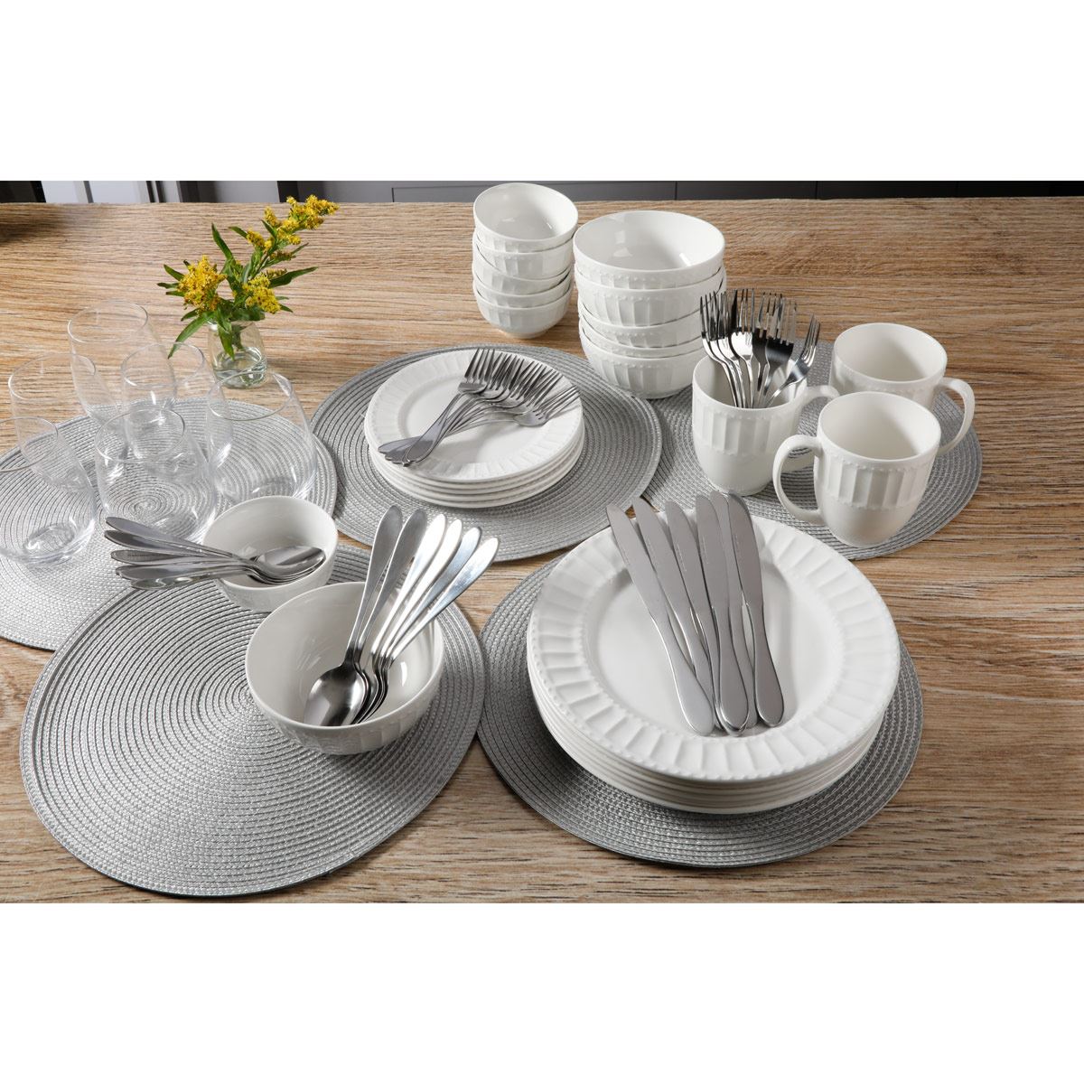 Combo set 72pzas Extrvagant Charm, moderno y elegante set de vajilla, cubiertos, vasos y platos base. Blanco