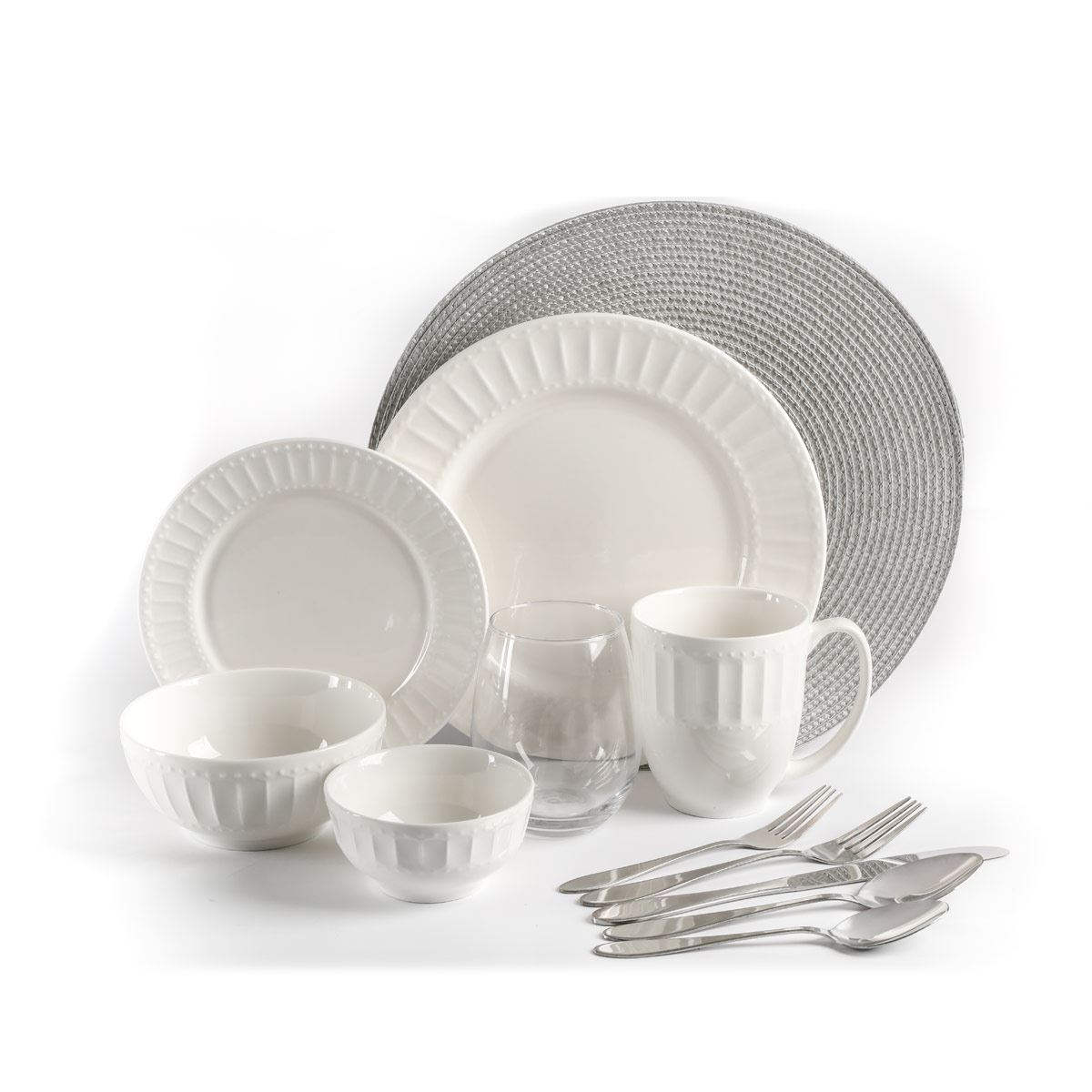 Combo set 72pzas Extrvagant Charm, moderno y elegante set de vajilla, cubiertos, vasos y platos base. Blanco