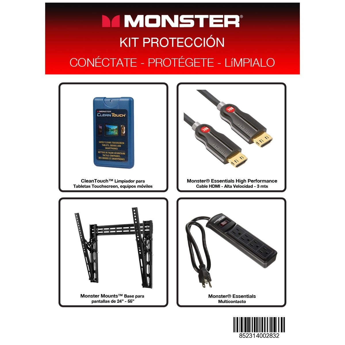 Kit TV Soporte, Supresor, Cable HDMI, Limpiador Monster