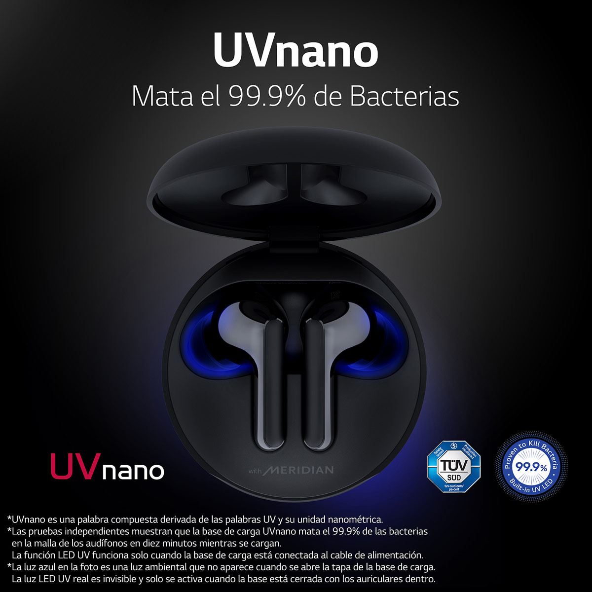 LG TONE Free FN6 - Audífonos Inalámbricos Bluetooth con UVNano mata el 99.9% de bacterias - Negros