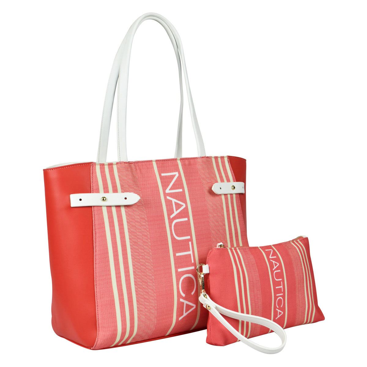 Bolsa Náutica estilo tote en color rojo con rayas y neceser en color rojo modelo A06612