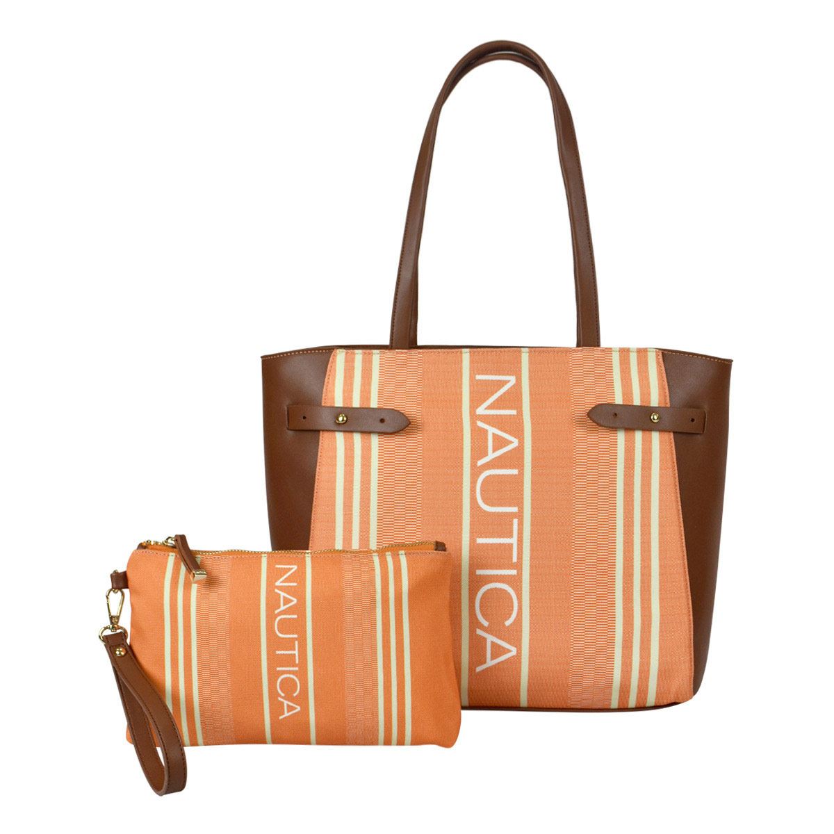 Bolsa Náutica estilo tote en color naranja con rayas café y neceser color naranja modelo A06613