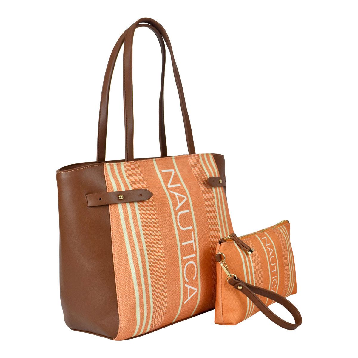 Bolsa Náutica estilo tote en color naranja con rayas café y neceser color naranja modelo A06613