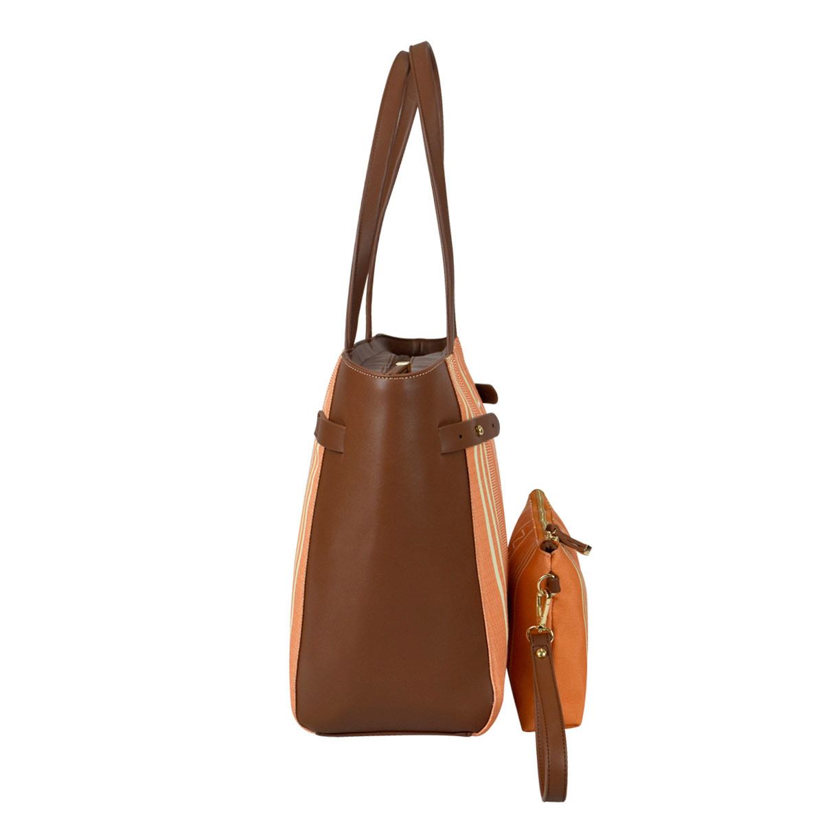 Bolsa Náutica estilo tote en color naranja con rayas café y neceser color naranja modelo A06613