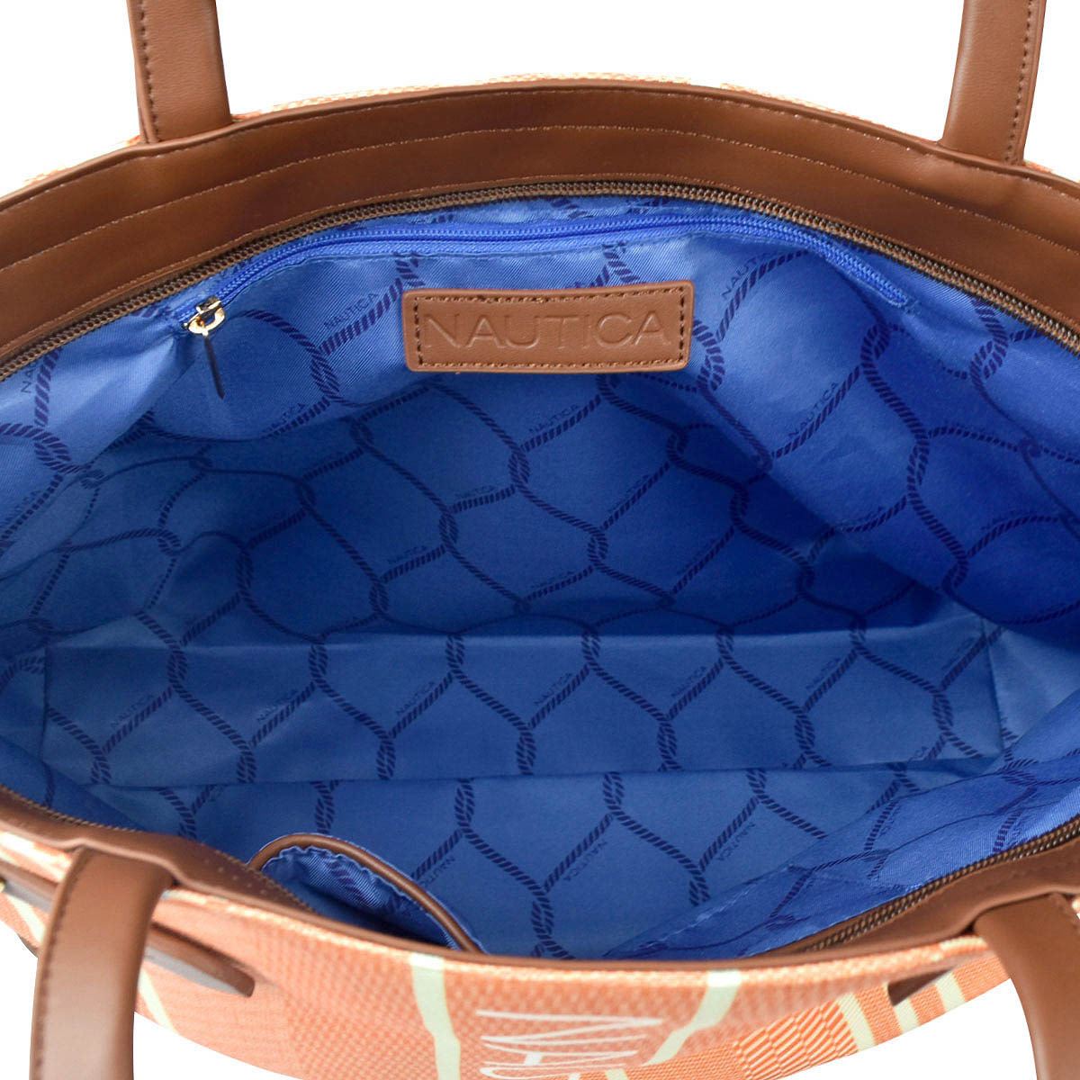 Bolsa Náutica estilo tote en color naranja con rayas café y neceser color naranja modelo A06613