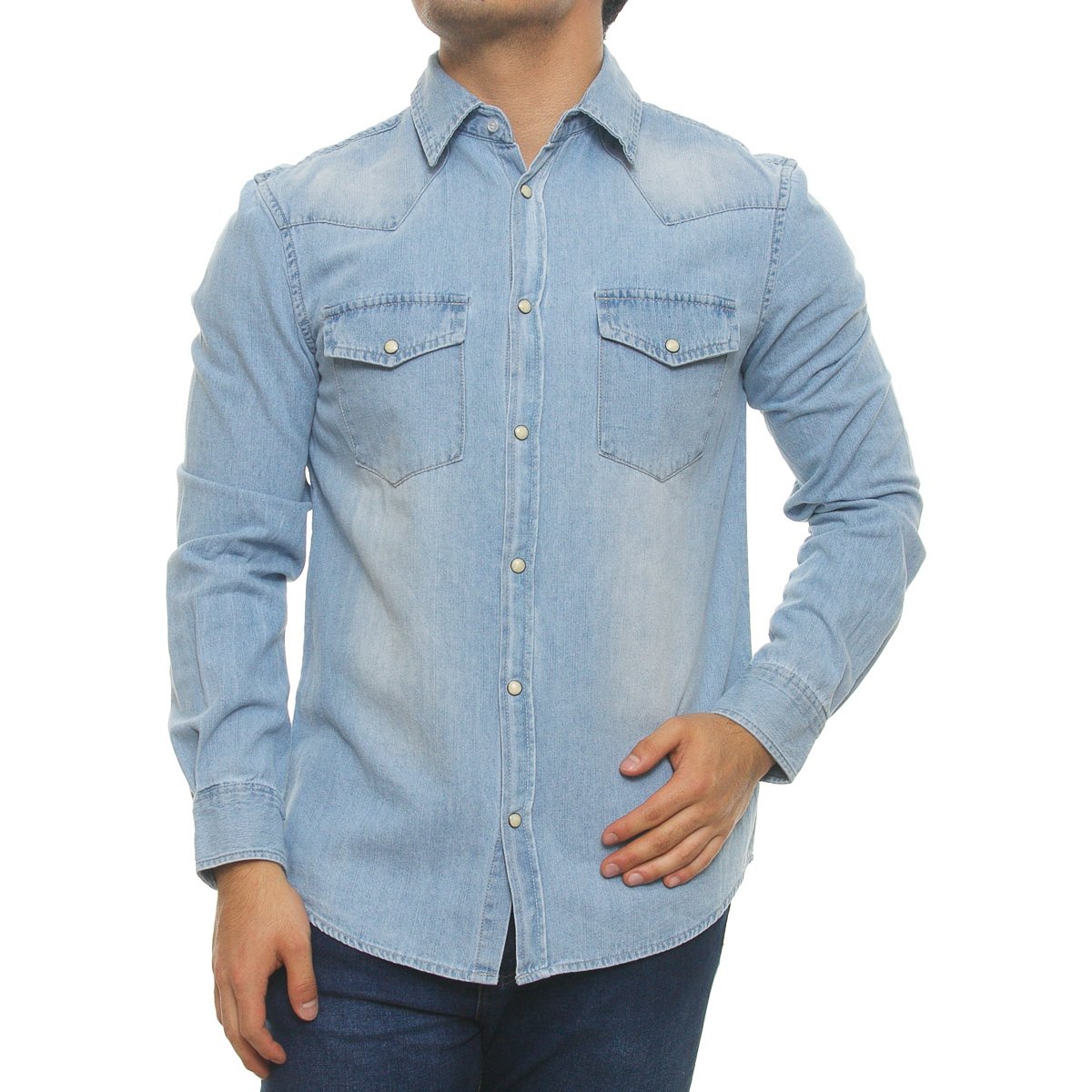 Camisas de mezclilla con botones para hombre, manga larga, cuello casual,  trabajo, ajuste regular