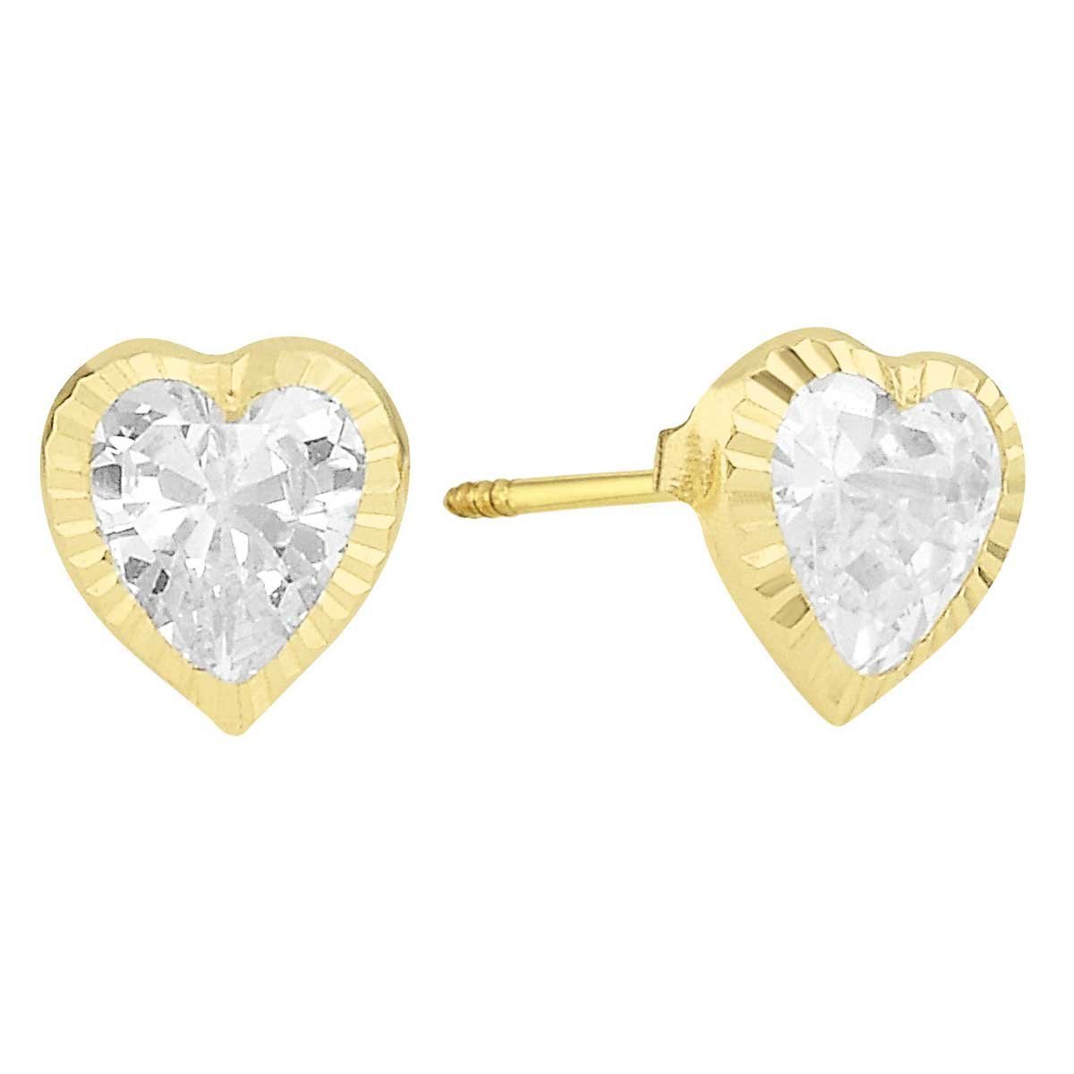 Broqueles de Oro 14K Diamantado  4Mm Corazón Circonia Sabelli