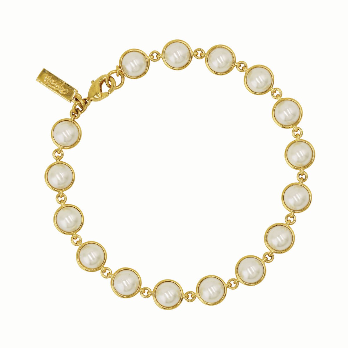 Pulsera Perlas de Cristal Blancas Y Placa Distintiva de Marca Mossimo