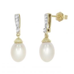 Aretes Oro 14 K Amarillo Con Perla Gota Diamantes Nadav