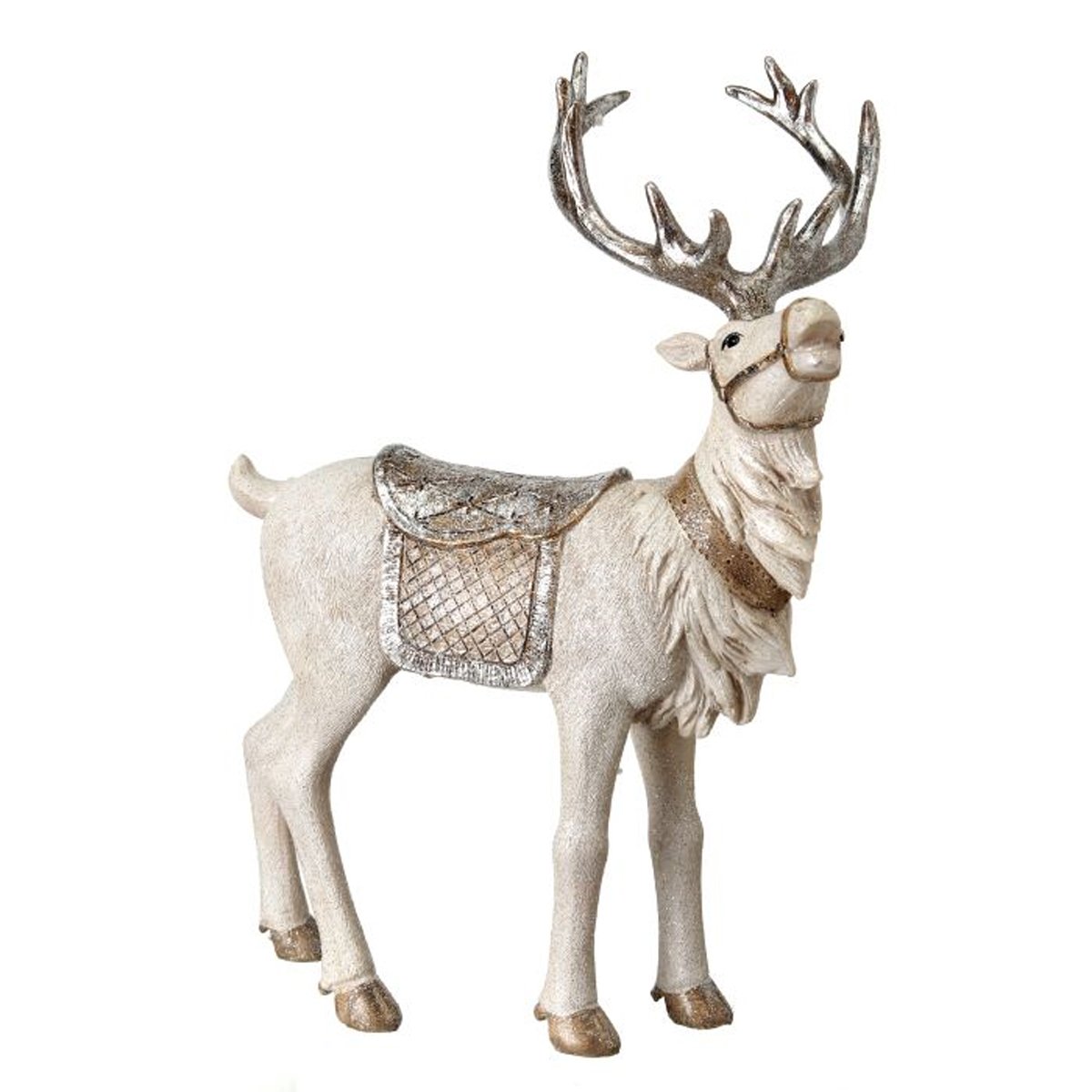 Figura Reno de Resina Nevado Parado con Cobija Color Hueso y Plata 35Cmmtx53382