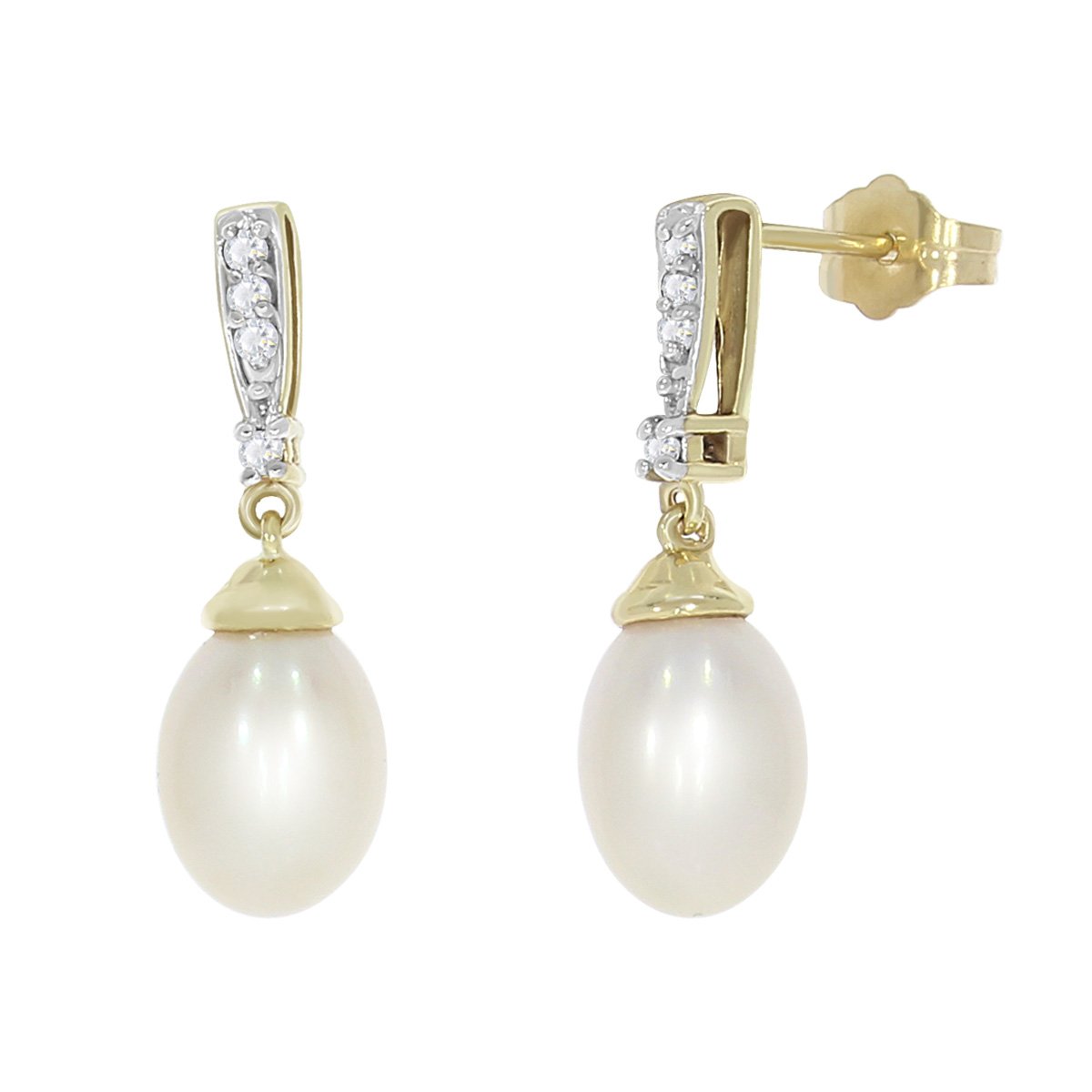Aretes Oro 14 K Amarillo Con Perla Gota Diamantes Nadav