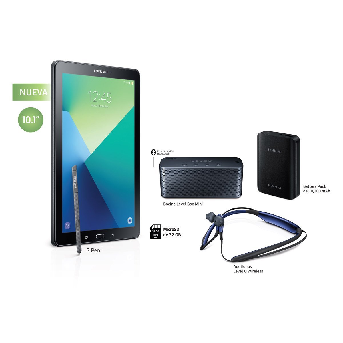 Galaxy Tab a 10.1 + Bocina Level Box + Audífonos Level U + Batería Portátil 10.2 Mha + Sd 32Gb