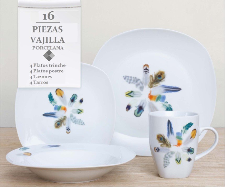 Vajilla 16 Piezas Porcelana Plumas Mug Master