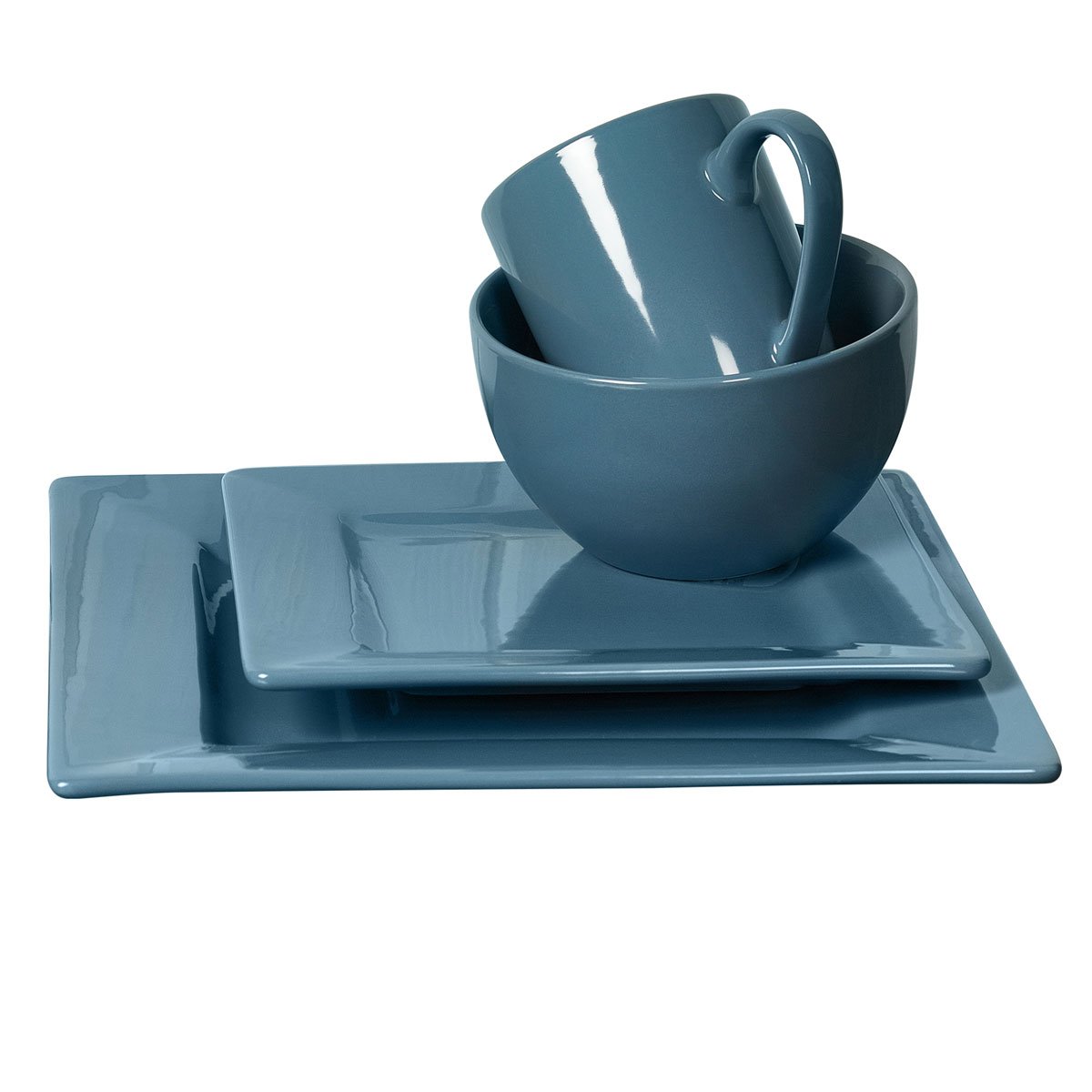 16 Piezas Cuadrada Vajilla Set - Color Solido Azul Tabletops