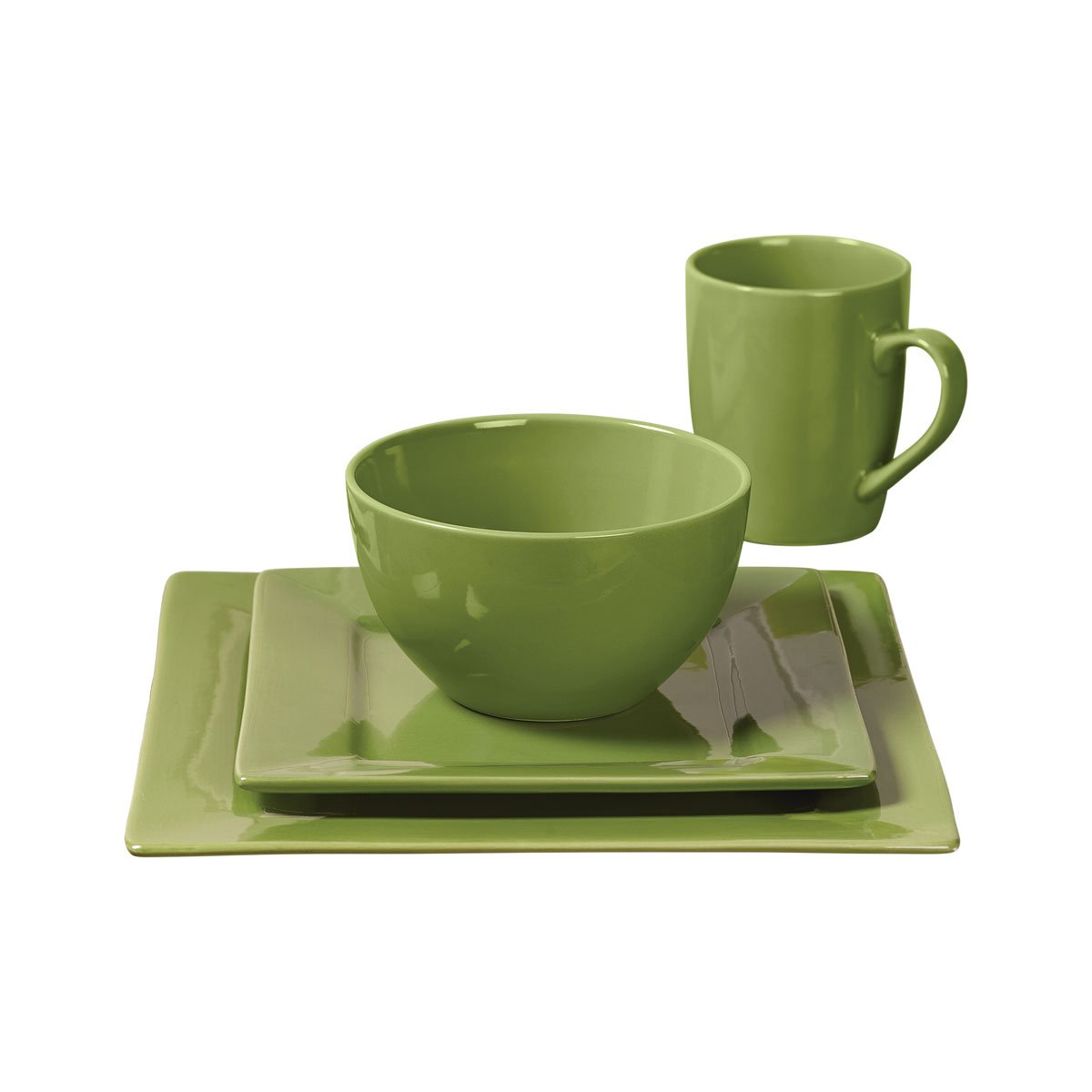 16 Piezas Cuadrada Vajilla Set - Color Solido Verde Tabletops