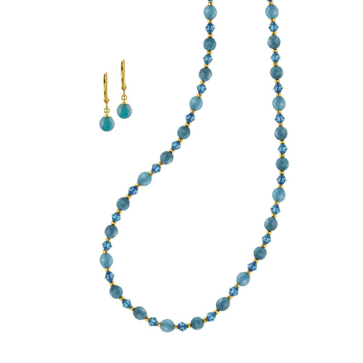 Set Dorado Aretes y Collar con Piedra Natural Jade Azul Emanuel