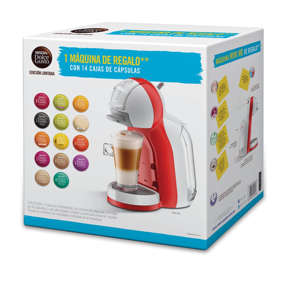Paquete de 14 Cajas de Cápsulas + Máquina Seed Mini Me Roja Blanca   Nescafe Dolce Gusto