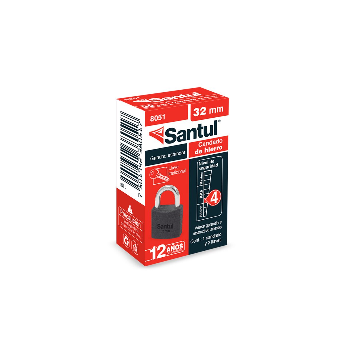 Santul 8051 Candado Cuerpo de Hierro 32 Mm, Llave Tradicional, Gancho Estándar