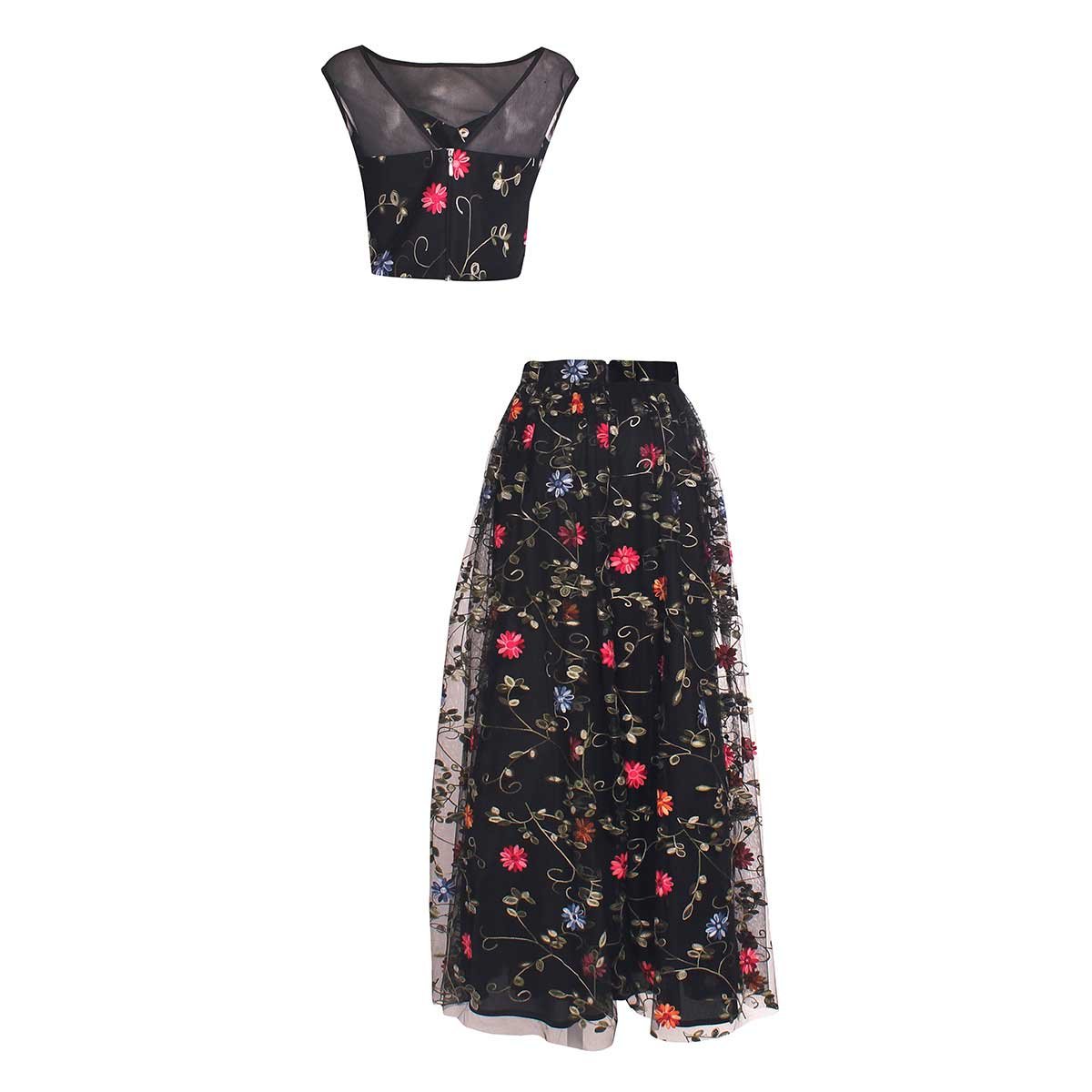 Vestido Crop Top Falda Larga Tul Bordado Hollywood