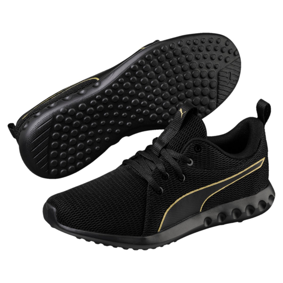 tenis puma mujer negro con dorado