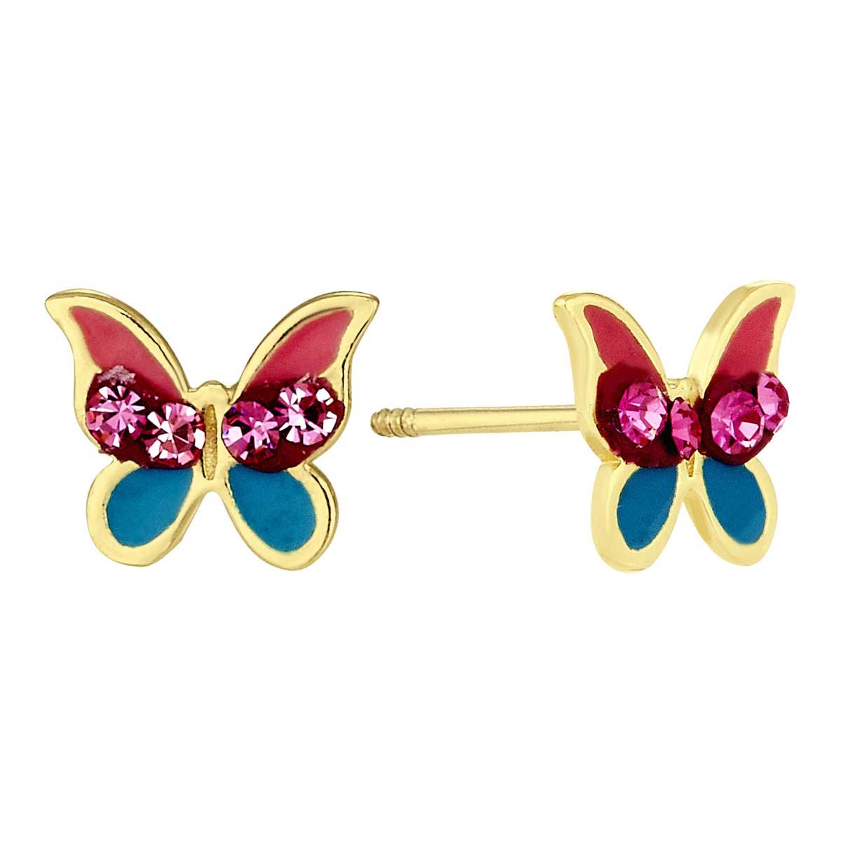Broqueles de Oro 14K Mariposa Colores con Cristal Sabelli