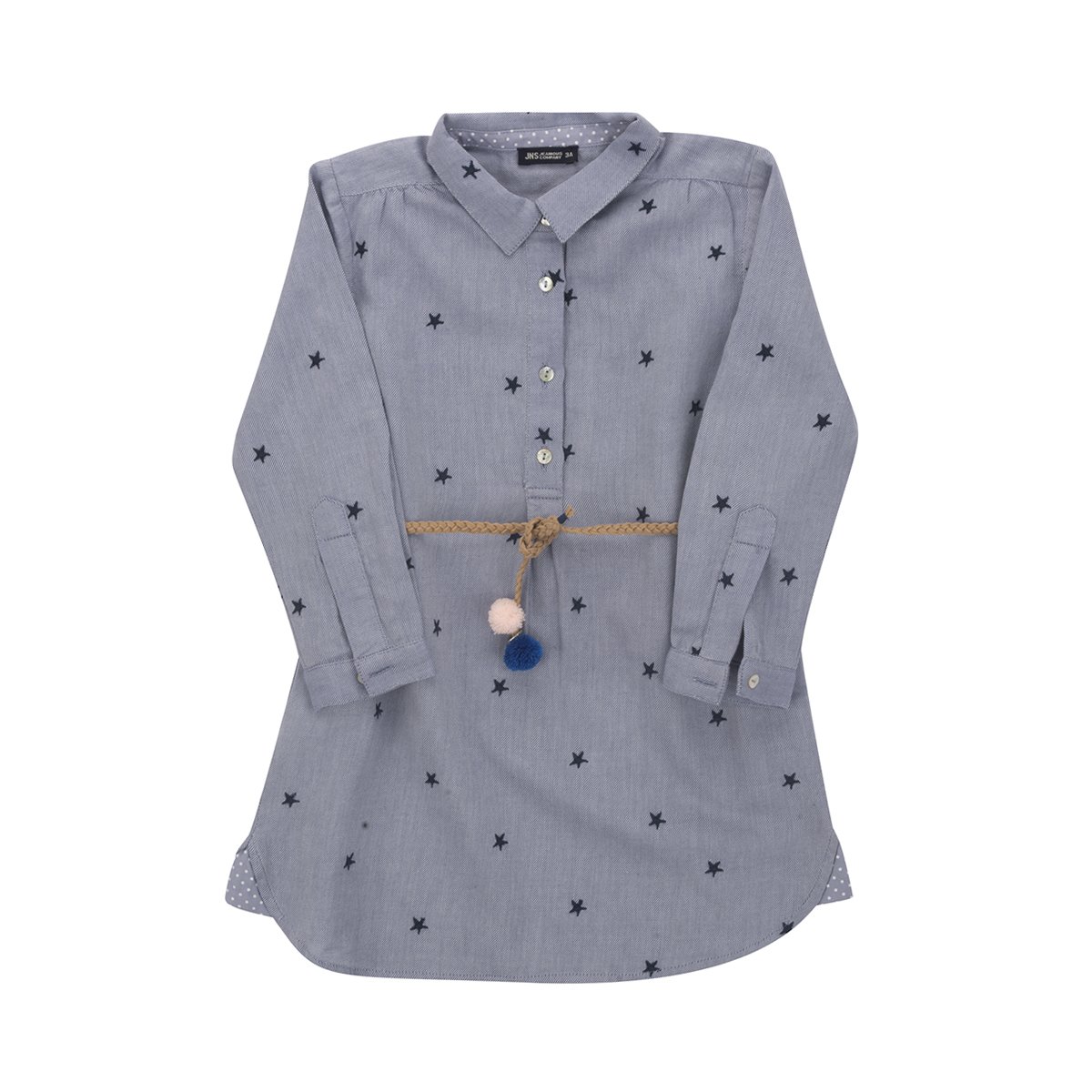 Vestido Manga Larga con Tela Bordada con Estrellas Color Azul Combinado