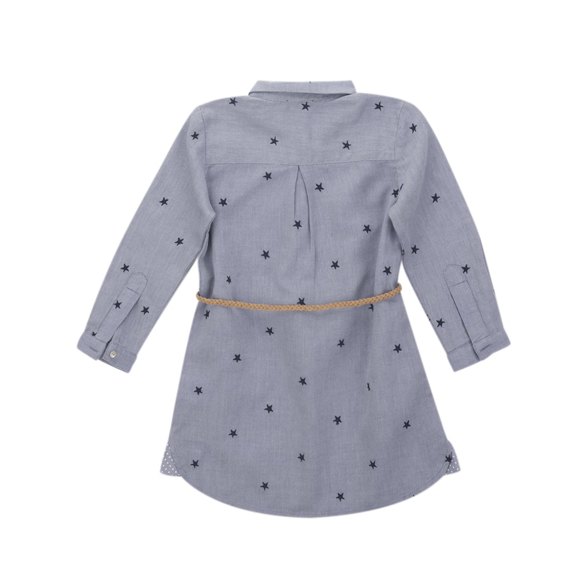 Vestido Manga Larga con Tela Bordada con Estrellas Color Azul Combinado