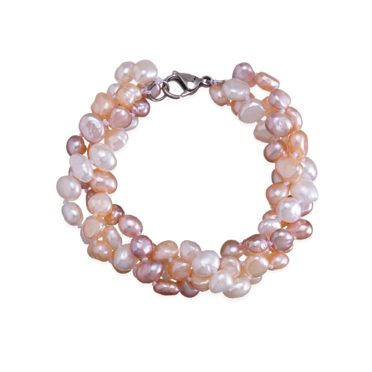 Brazalete Con 3 Hilos De Perlas Semiredondas Rosa Y Salmón Sidney