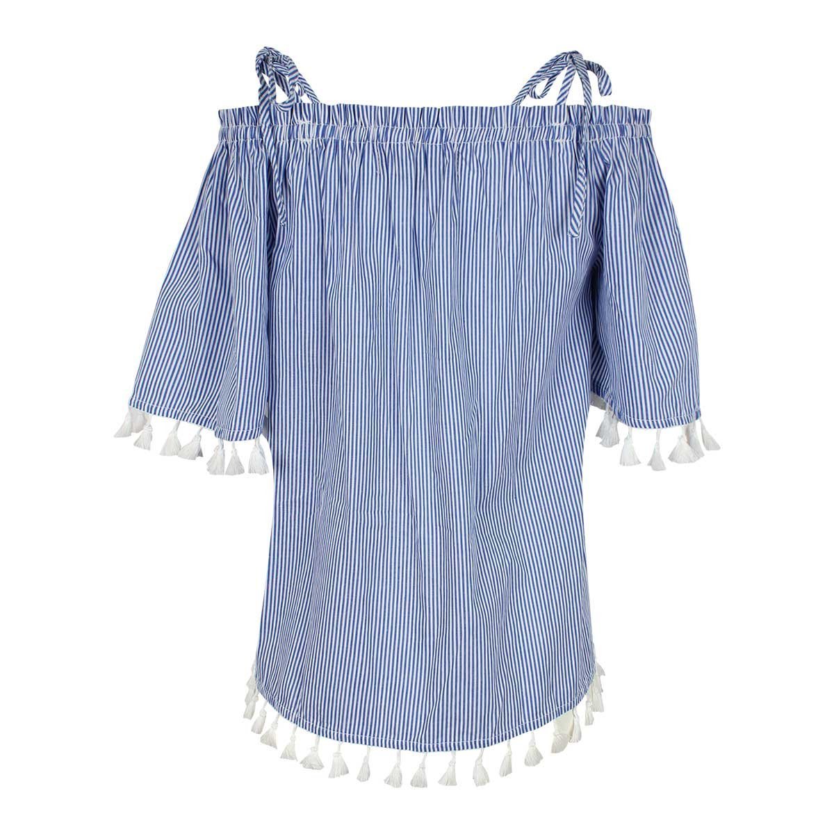 Blusa Azul a Rayas con Pompones Just By Basel